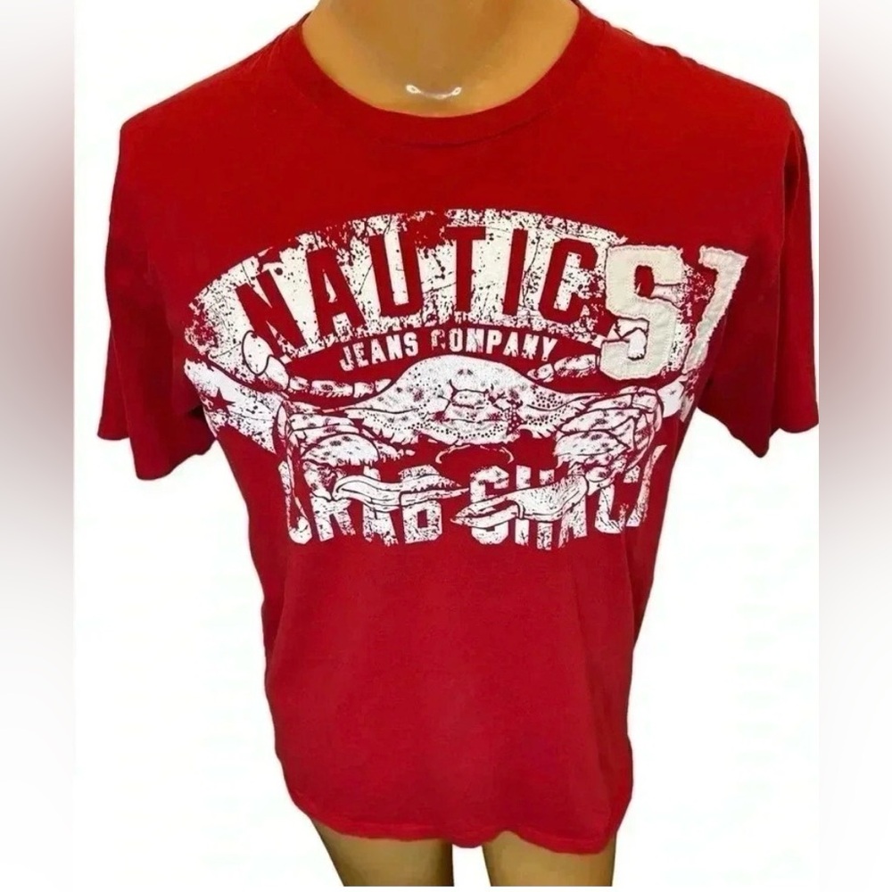 Nautica Men’s Red Short Sleeve T-Shirt “Crab Shack” Graphic Print Size Medium.